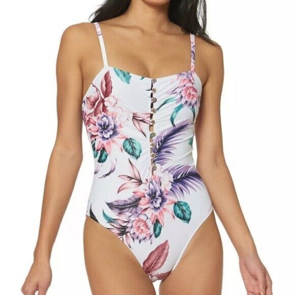 B-364 Jessica Simpson Floral Button One Piece Swimsuit  WHITE TROPICAL sz S